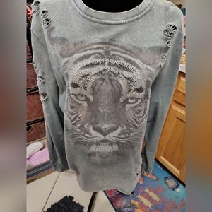 CCK Gray Tiger Graphic Distressed  Sweatshirt With Rhinestones SZ L/NWOT/Seeinfo